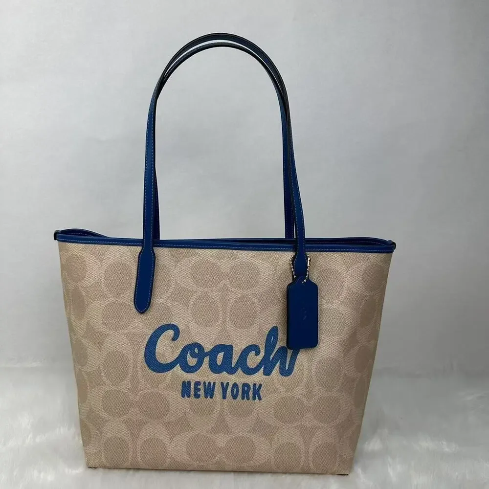 Coach City Tote Bag Signature Canvas W Coach Graphic Sand/Pacific Blue CY705 NWT